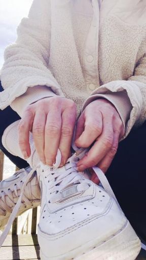 Dirty Nike AF1 Gym Shoes with Sweety Feet For Encouraging Deep Breathing Selfcare with Tranquil Waves and Sunshine.