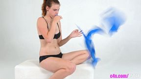 Watch Kristina inflate a small red balloon that pops and a giant blue balloon that bursts from overinflation! (FullHD quality)