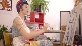 Busty brunette painter Jordan fucks her tight pussy with fat dildo