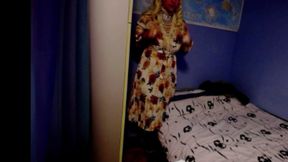 Crossdresser in a dress dancing and cumming in bed