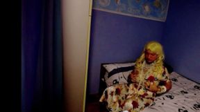 Crossdresser in a dress dancing and cumming in bed