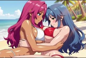 Two busty girls enjoy lesbian sex at private beach vacation