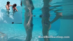 Lady Outside Pool Lift him by his Balls Squeezing Underwater