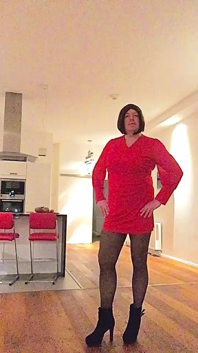 Nicki-Crossdress in her sexy red dress, black Pantyhose &amp; High-Heels