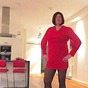 Nicki-Crossdress in her sexy red dress, black Pantyhose &amp; High-Heels