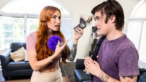 Tattooed redhead MILF with big juggs pleasures Tyler on the couch