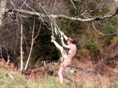 Naked self-bondage in the woods gone wrong.