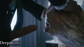 Blonde haired bimbo gets covered in plastic and fucked hard