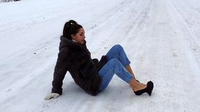 High Heels on Ice, High Platform Zanotti shoes on very icy road, slippy high heels falls