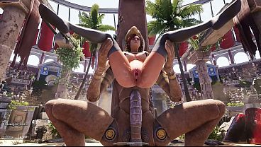 3D animation from the game where Lara Croft tests the huge penis of a mechanized statue with her pussy.