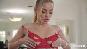 Petite Young Anna Claire Clouds Natural Tits Blonde Strips Off Red Lingerie & Masturbates