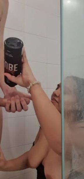 I suck my neighbor's cock in the shower until he cums in my face