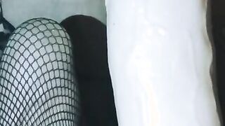 Gothic Pawg BBW rides 12 inch gigantic huge toy solo cosplay into fishnet Play anal plug