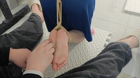 xy350 - Barefoot girl with her neck and hands bound by metal, her feet suspended and tickled.