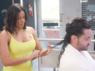 Horny Latin babe stylist seduces her favourite client and bangs him during his hair cut
