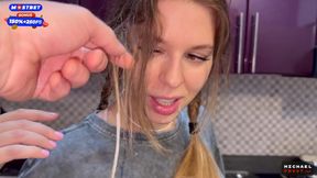 Flatmate girl enjoys kitchen sessions, takes cum in mouth, pigtails on display