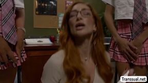 Two TS students fuck their redhead teacher