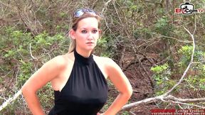 Normal woman with brown hair and big tits fuck outside