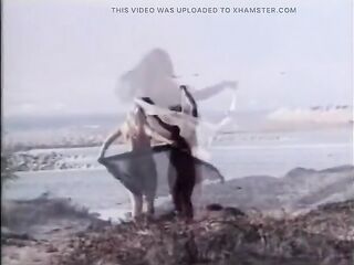 Golden-haired lesbos lovers lick every other on the sandy beach - Vintage clip- No audio,but music