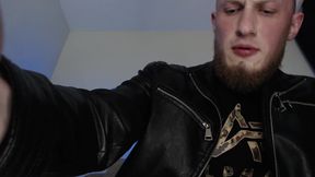 Leather Alpha Male Masturbation and Cum on Feet