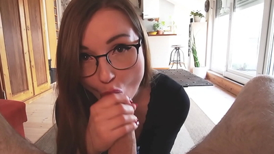 German Nerd Girlfriend TinyEmily with glasses give intense POV Blowjob before Facial