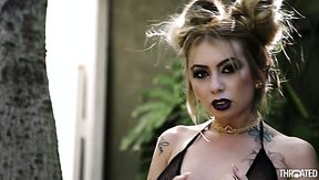 Charming tattooed blonde girl in black stuff gives awesome blowjob