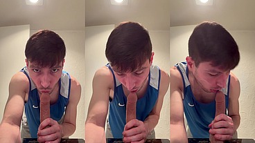 Good Morning Woods for Fun. Twink Sucks on Dildo for Tease.