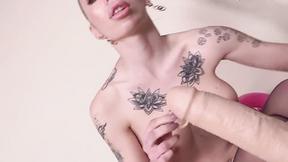 ”Blonde in stockings gives footjob & blowjob, rides dildo”