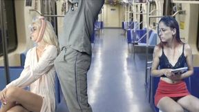 Pervert gets on the train caressing cock on ladies in public!