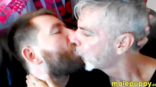 Gay bear cub Kaleb DeWulf has his smooth mouth open for kissing with Richard Lennox