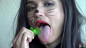 Licking a Lollipop.  Cat Pet Play. Viva Athena sucks a ring pop as a lollipop licker.  How many licks will it take for her to finish?  Don'_t you wish this was your cock?