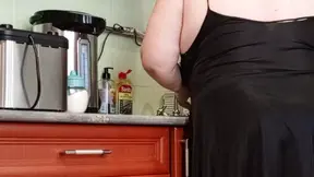I came into the kitchen and flashed my cock to my neighbor and she sucks and jerks it off until I cum