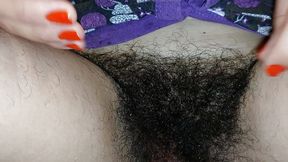 Amateur wife fingers her hairy pussy. Hot brunette hairy pussy, hairy bottom, big tits, big nipples.