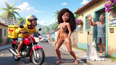 Slim Curly Brazilian Wife Gets Naked For Motoboy And Kisses Him On Sofa While Husband Watches (AI generated)