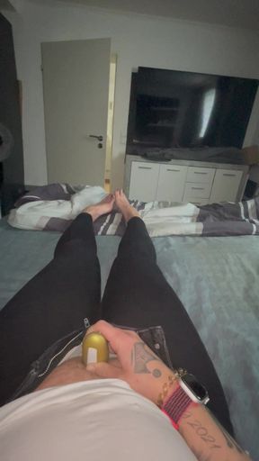 Close-up foot fetish wet tight wet pussy gets satisfied with golden vibrator to intense climax trembling twitching moaning horny