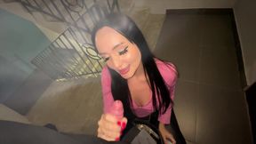Public entrance tryst, cash-earned blowjob and sex, cheating spree, caught sneaking, risky adventure