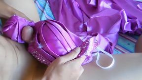 Satin prom dress cock stroke, finished w cum splat on tits