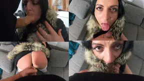 Black fur downjacket makes for hot blowing job