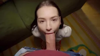 Petite brunette gives deepthroat blowjob to big cock in public POV