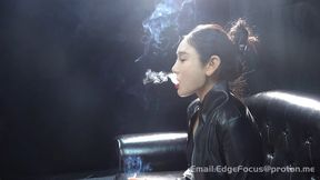 Aisa xue Elegant Leather Jacket Smoking: Gorgeous Asian Beauty Blows Thick Smoke Rings on Black Leather Sofa 4K