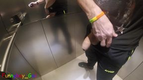 With Thick Balls, in Elevator with a Mirror, I Riskily Masturbate My Big Penis and Squirt My Cum Onto the Floor.
