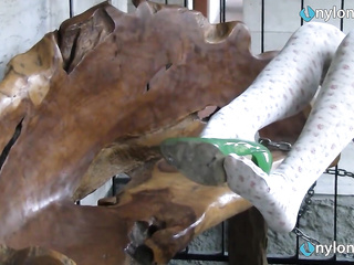 ”Blonde teen foot teasing in white & black stockings”