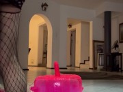 Cross dresser cums riding huge seat mounted vibrator