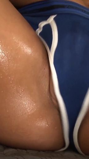 Girl with natural boobs and shaved pussy masturbates