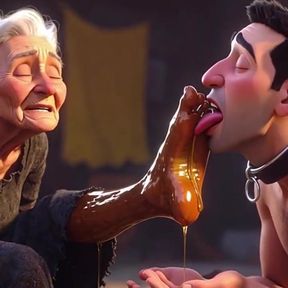 Submissive Slave Licking Wrinkled Feet of Old Ladies