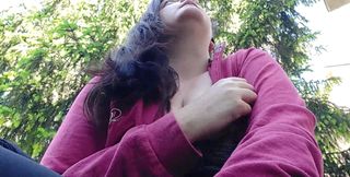 Nicoletta Smokes in a Garden and Shows You Her Big Tits by Pulling Them Out of Her Shirt