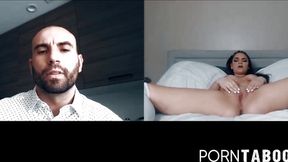 Busty Athena Faris fingers her hole while bald stud watches