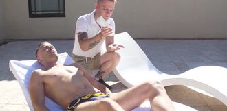 Pool lad with a great body gives a handjob to a stud