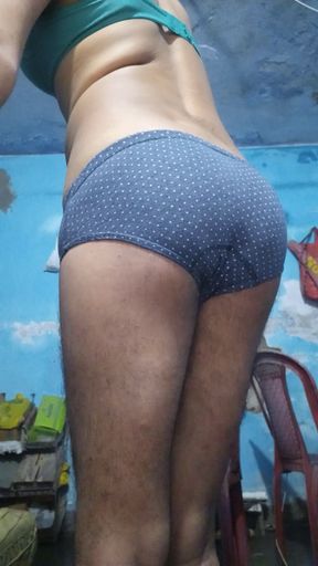 Indian Sissy Femboy Crossdresser with Phimosis Dick Jerking and Stroking While Wearing His Step Sister&#039;s Bra and Panties