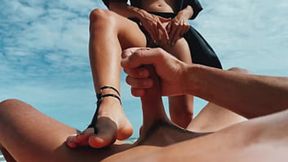 Me- Blonde Girl Masturbates at Public Nudist Beach &mdash;  strokes a Guys Dick with Feet &mdash;  Cumshot &mdash;  Foot fetish